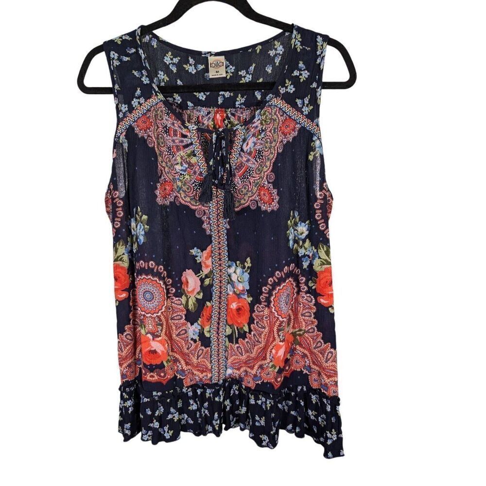 Bila Blue Orange Blue Floral Sleeveless Crinkle Tunic Tank Top Boho Peasant Wome